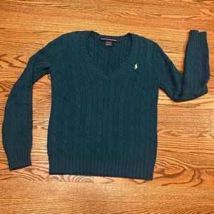 Polo Ralph Lauren Sport Sweater Women Small Green Cable Knit V Neck 100% Cotton